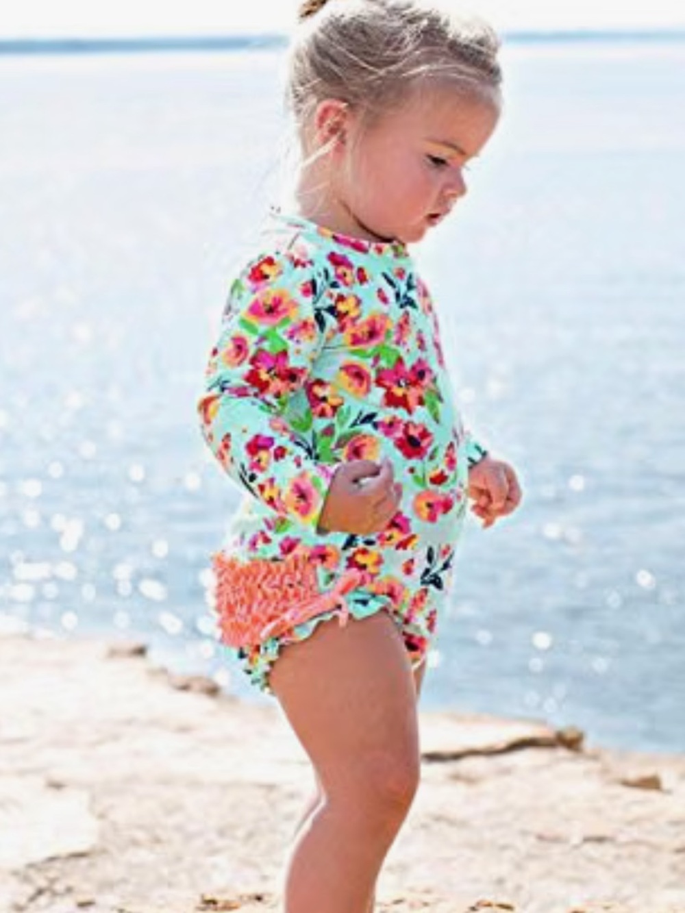 Ruffle Butts UPF 50+ Floral Printed Long Sleeve One Piece Rashguard 6-12m
